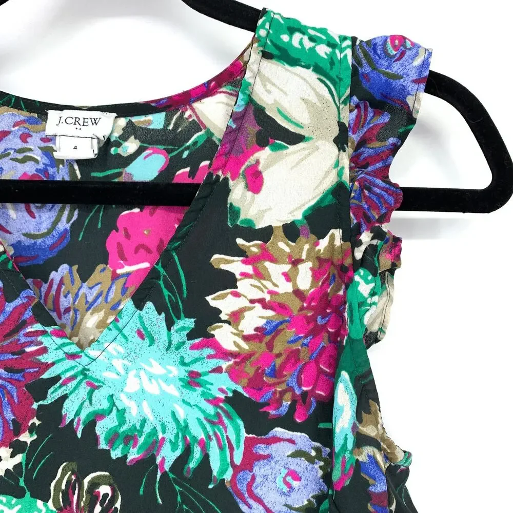 J. Crew Women's Sz 4 Floral Chiffon Ruffle Flutter Sleeve Blouse Top Multicolor
